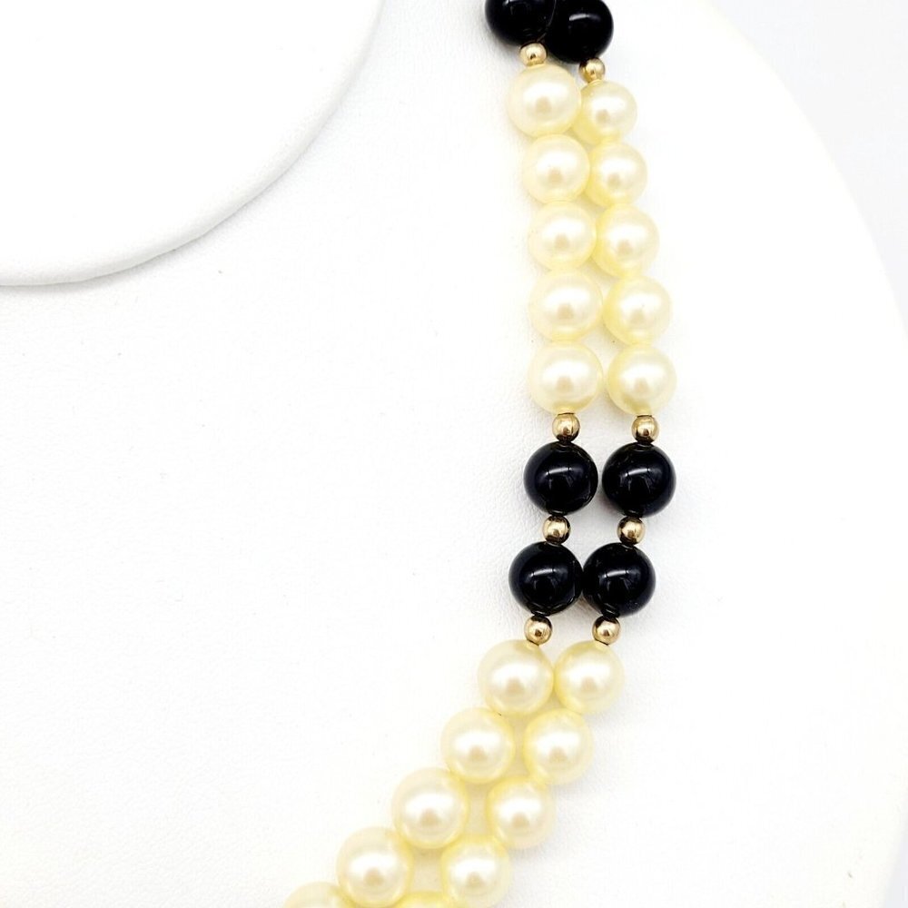 Vtg Glass Faux Pearl Black Beaded Necklace 14/20 Gold Filled Clasp Double Strand - Picture 5 of 9
